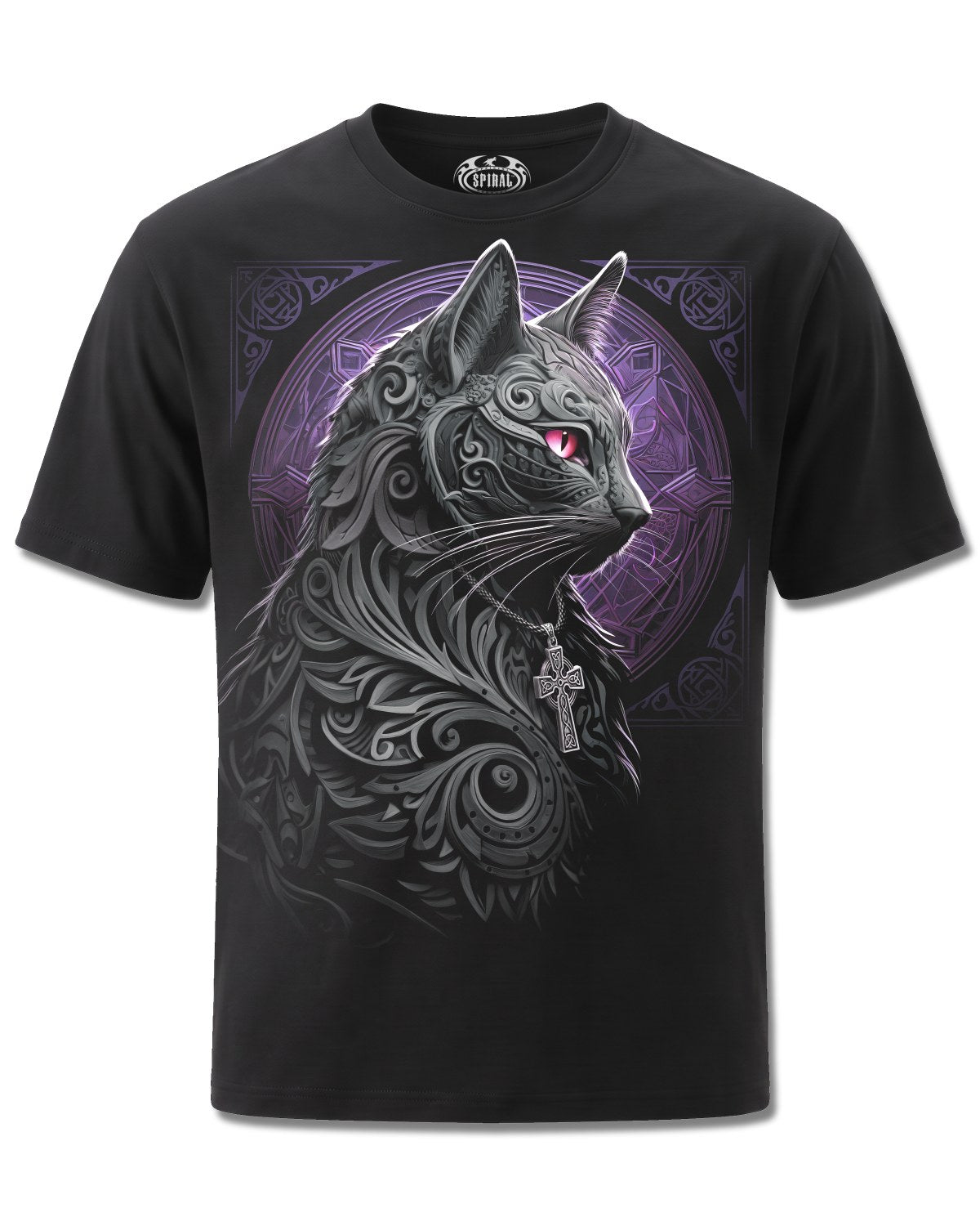 Spiral Celtic Whiskers design, front view on Black M121, Rock Off Retail official merch