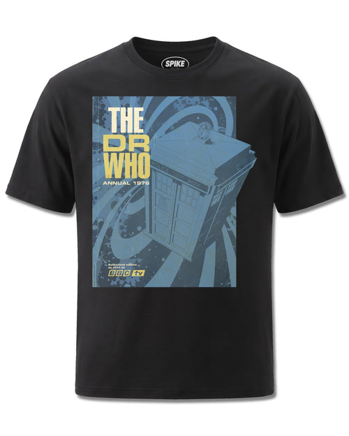 Dr Who Tardis Annual 1976 (Dr Who) design, front view on Black M121, Rock Off Retail official merch