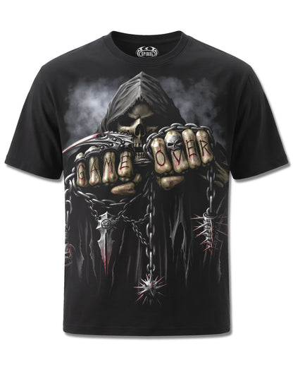 Spiral Game Over design, front view on Black M121, Rock Off Retail official merch
