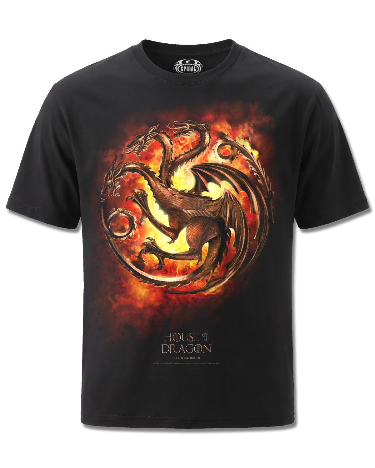 House Of The Dragon Dragon Flames (House Of The Dragon) design, front view on Black M121, Rock Off Retail official merch