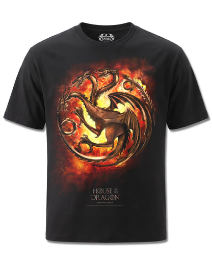 House Of The Dragon Dragon Flames (House Of The Dragon) design, front view on Black M121, Rock Off Retail official merch