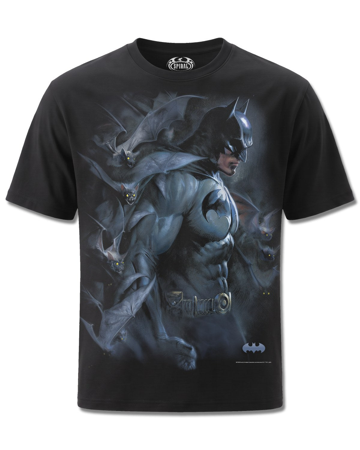 DC Comics Batman Darkest Fears (Batman) design, front view on Black M121, Rock Off Retail official merch