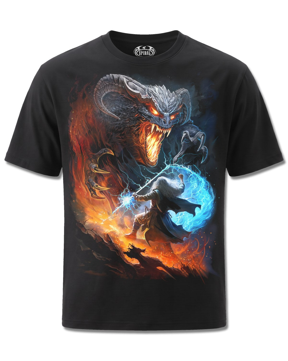 Spiral Infernal Duel design, front view on Black M121, Rock Off Retail official merch