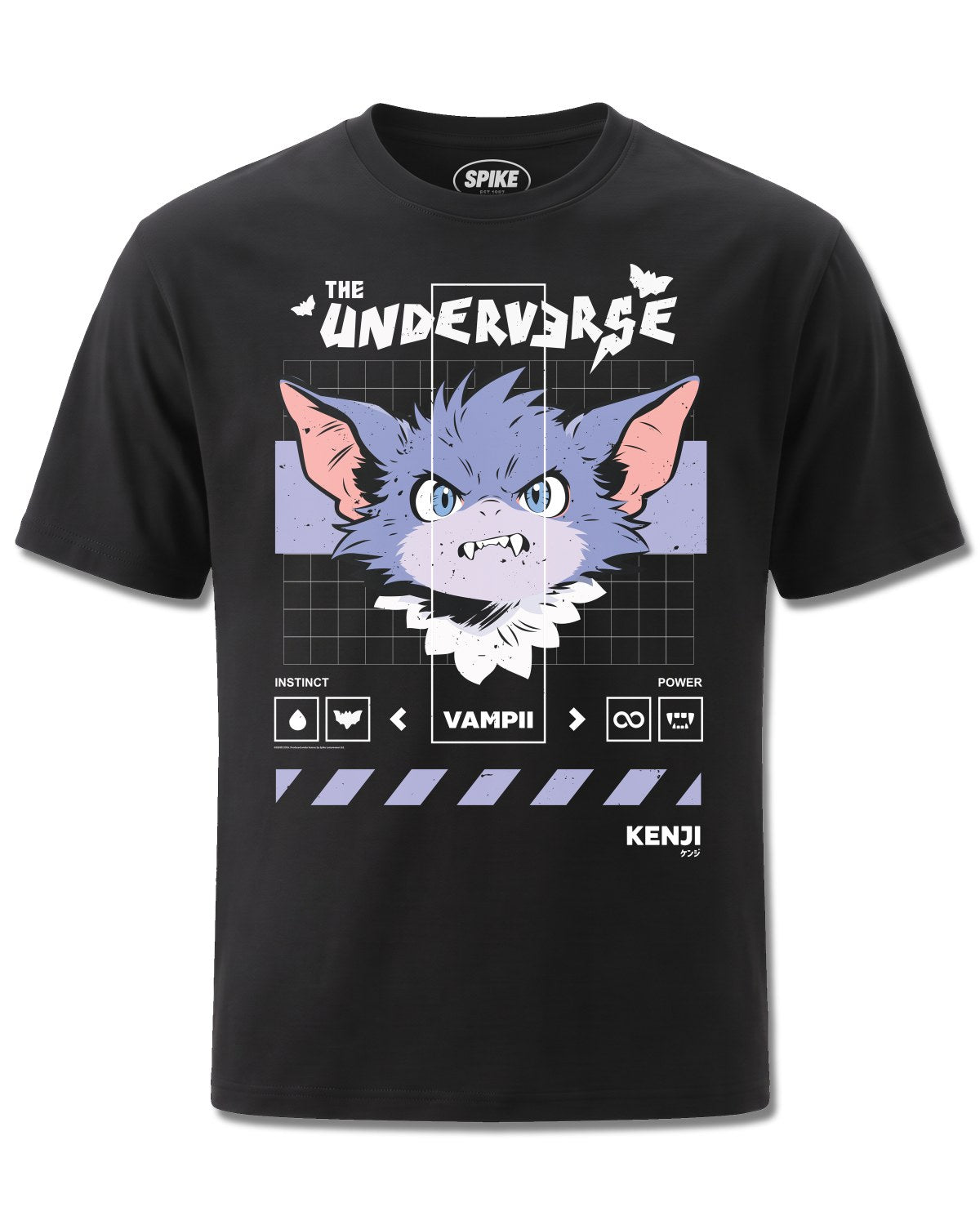 Kenji Vampii (Kenji) design, front view on Black M121, Rock Off Retail official merch