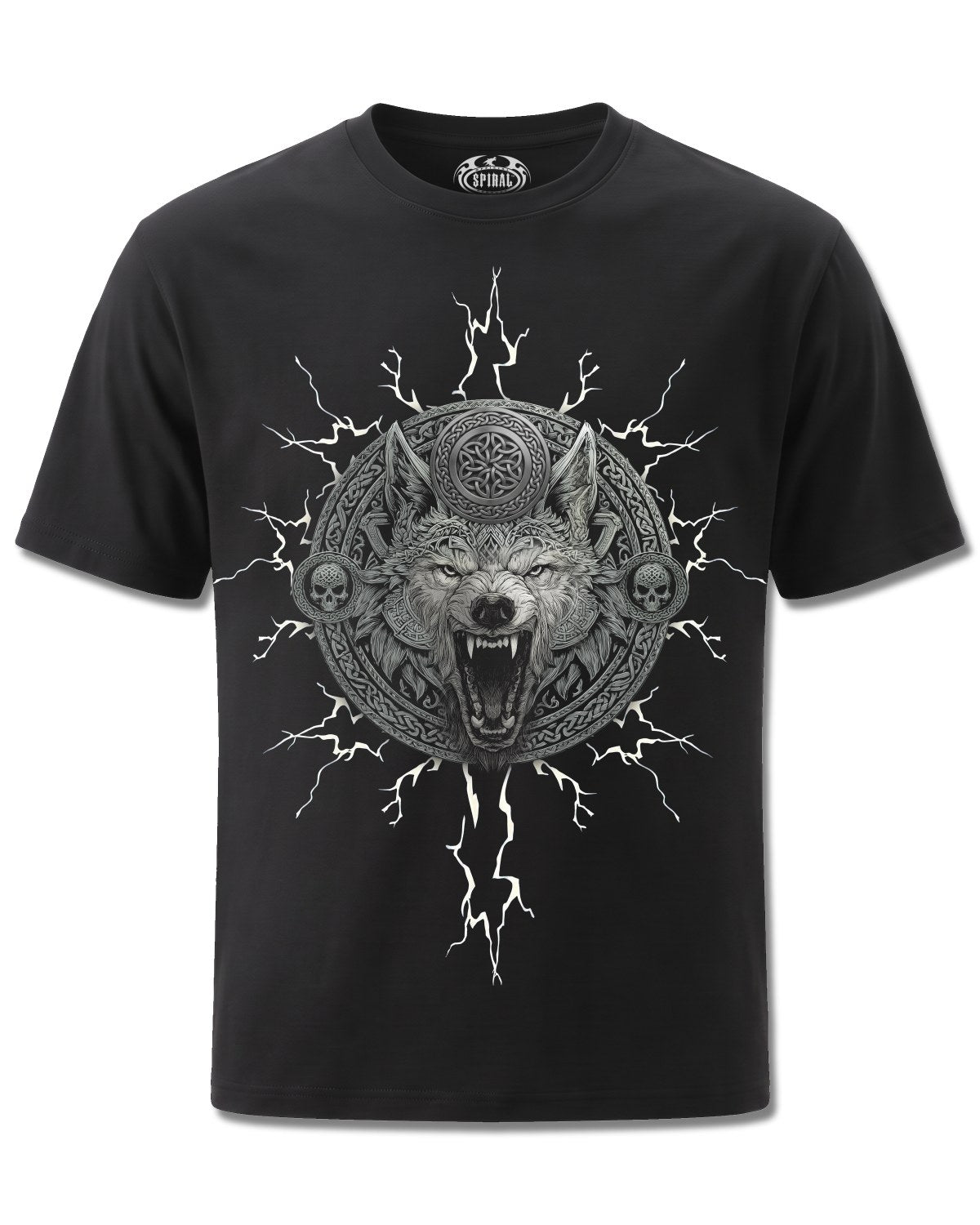 Spiral Valhalla design, front view on Black M121, Rock Off Retail official merch