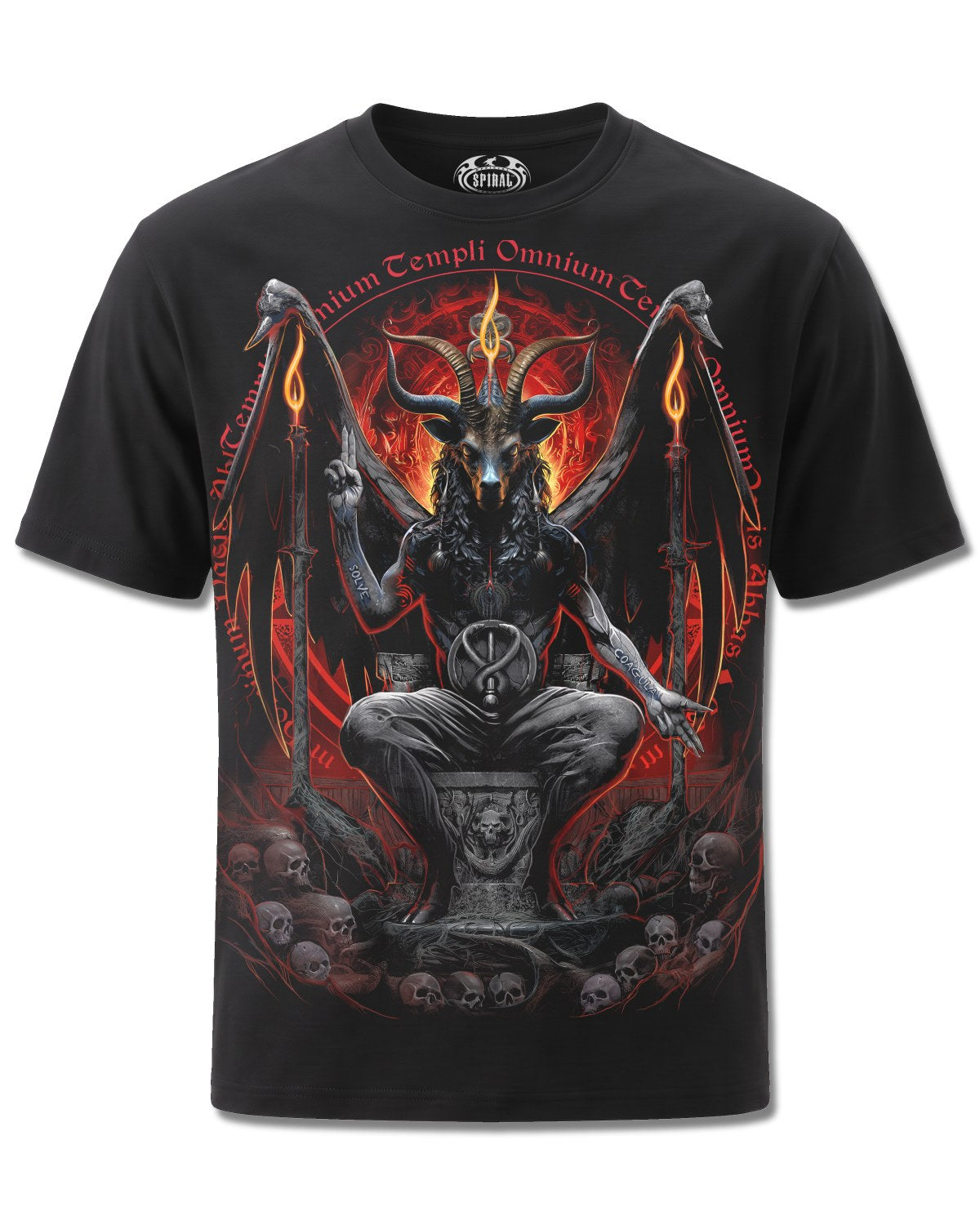 Spiral Baphomet design, front view on Black M121, Rock Off Retail official merch