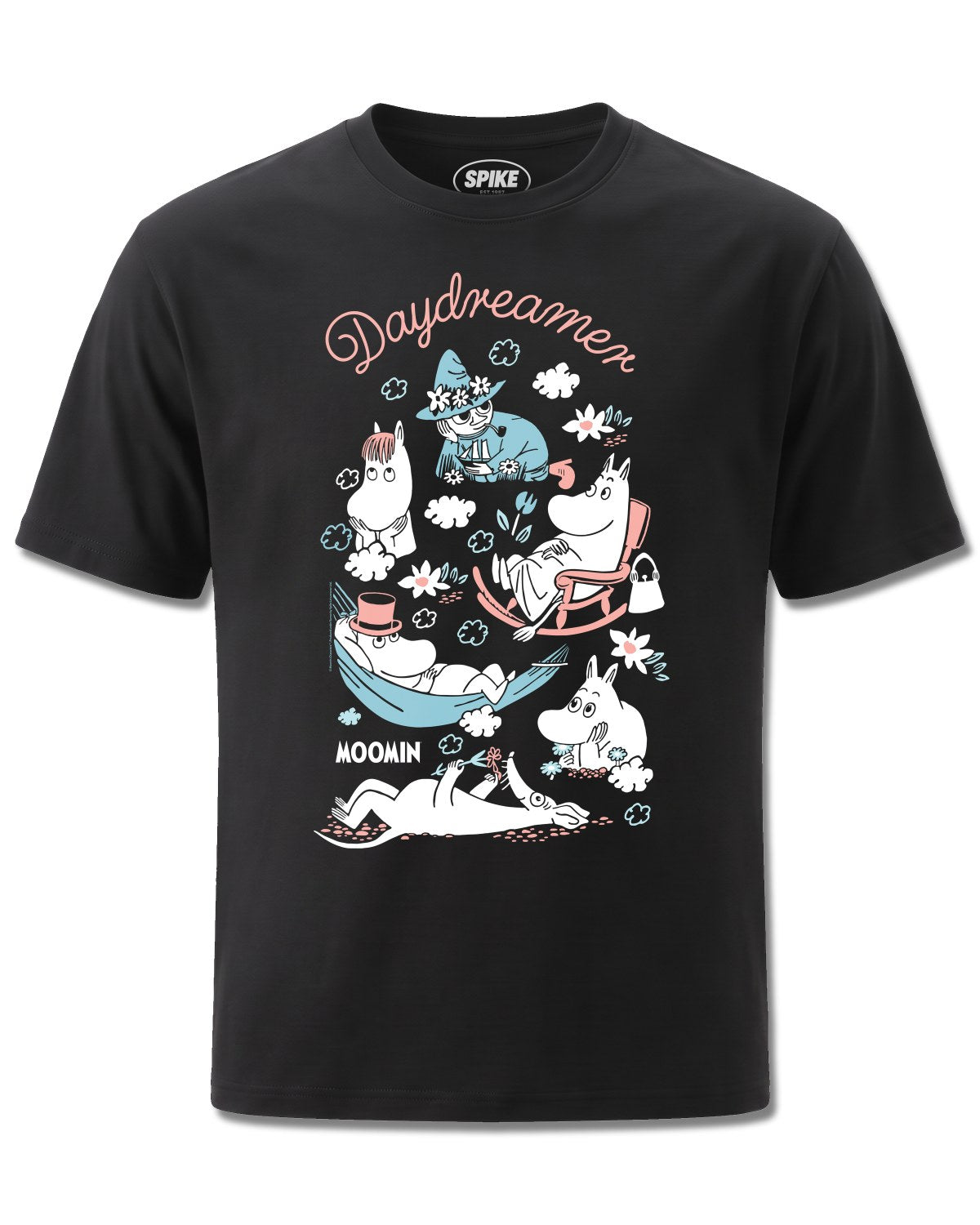 Moomin Daydreamer (Moomin) design, front view on Black M121, Rock Off Retail official merch