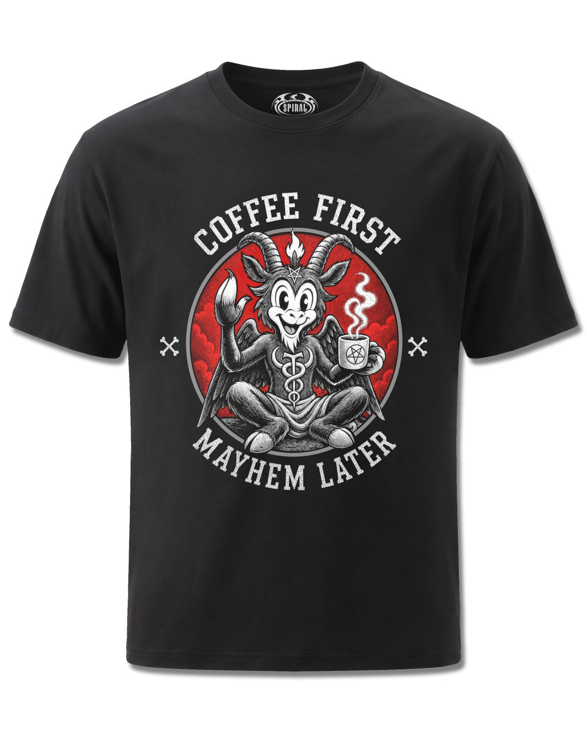Spiral Coffee And Mayhem design, front view on Black M121, Rock Off Retail official merch