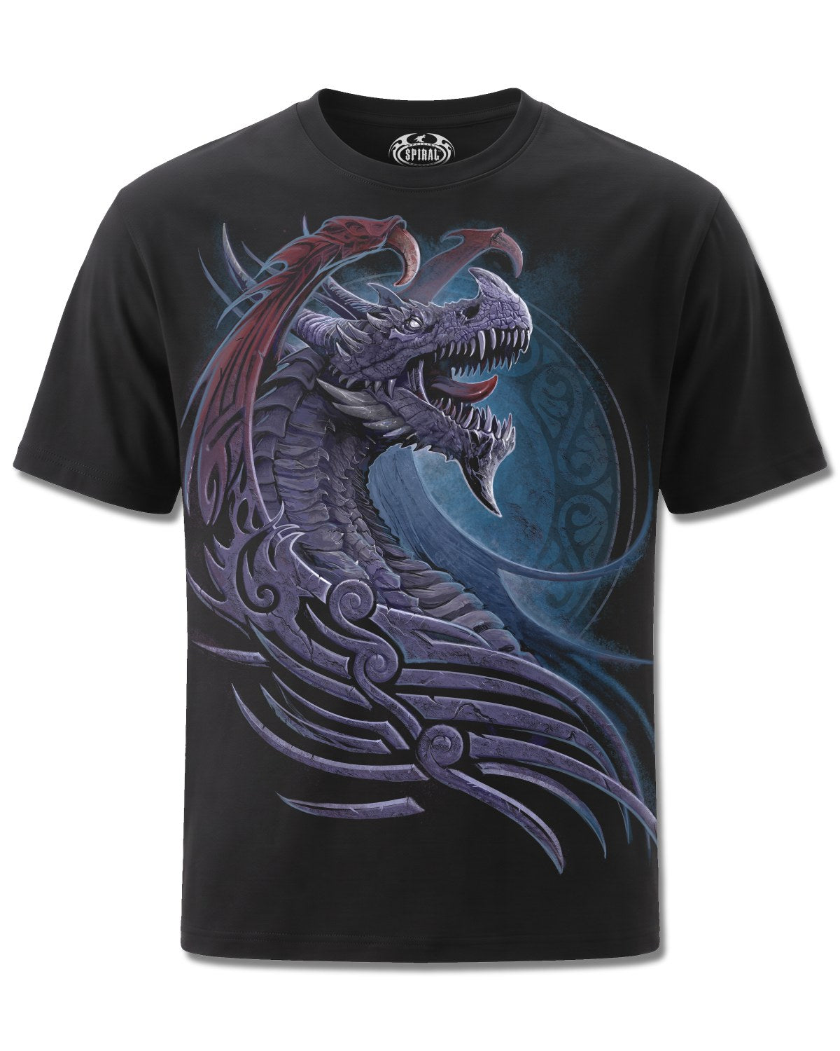 Spiral Dragon Borne design, front view on Black M121, Rock Off Retail official merch