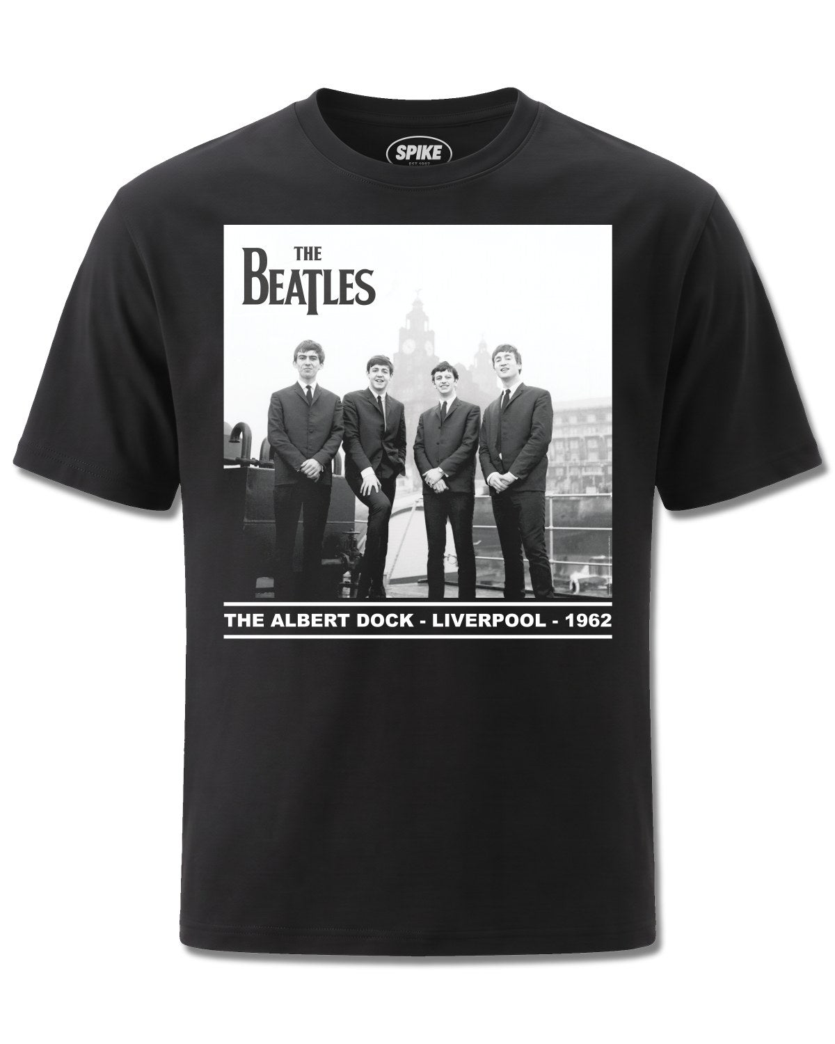 Beatles Albert Dock (The Beatles) design, front view on Black M121, Rock Off Retail official merch