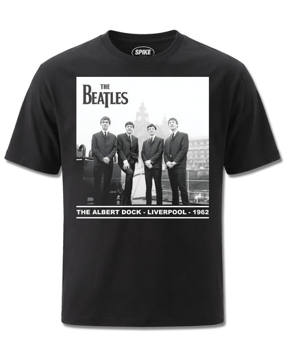 Beatles Albert Dock (The Beatles) design, front view on Black M121, Rock Off Retail official merch
