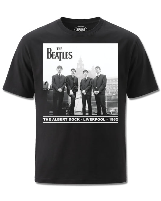 Beatles Albert Dock (The Beatles) design, front view on Black M121, Rock Off Retail official merch