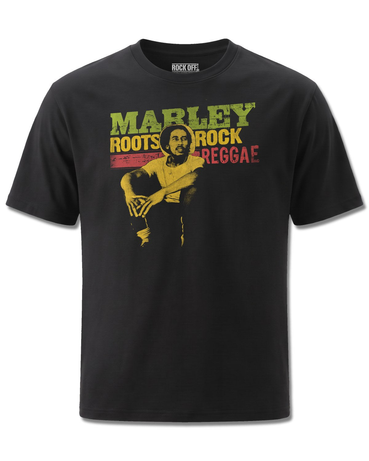 Bob Marley Roots, Rock, Reggae (Bob Marley) design, front view on Black M121, Rock Off Retail official merch