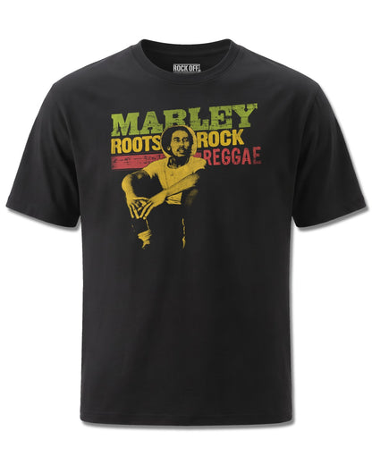 Bob Marley Roots, Rock, Reggae (Bob Marley) design, front view on Black M121, Rock Off Retail official merch