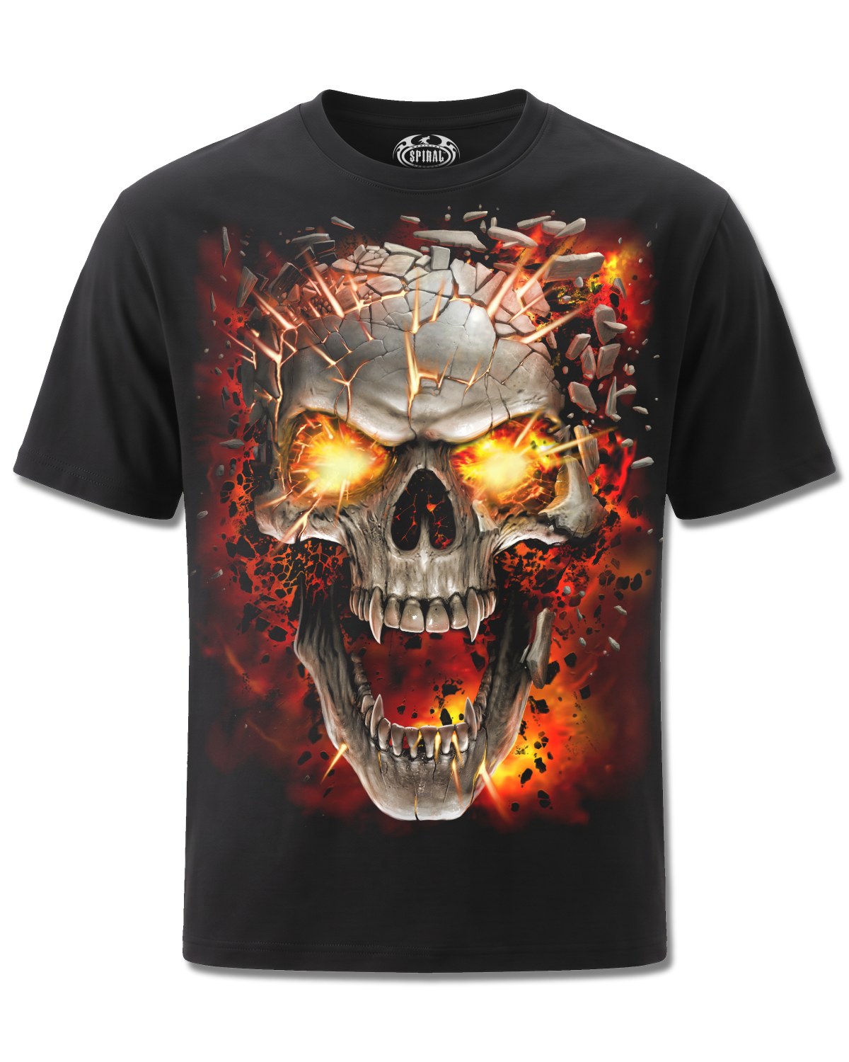 Spiral Skull Blast design, front view on Black M121, Rock Off Retail official merch
