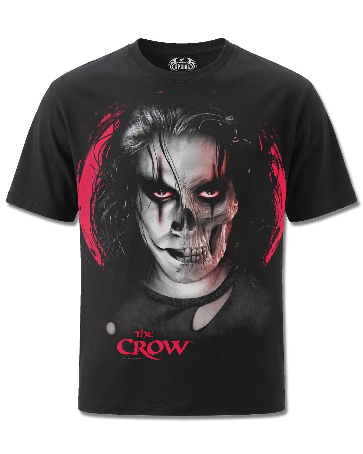 The Crow Skull Face (The Crow) design, front view on Black M121, Rock Off Retail official merch