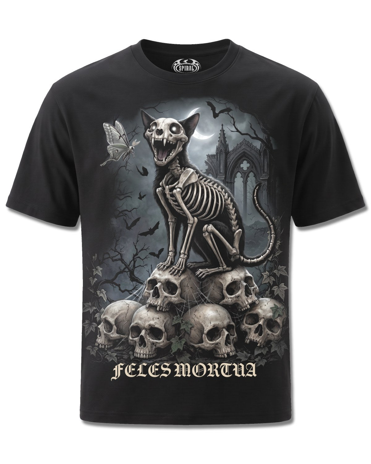 Spiral Feles Mortua design, front view on Black M121, Rock Off Retail official merch