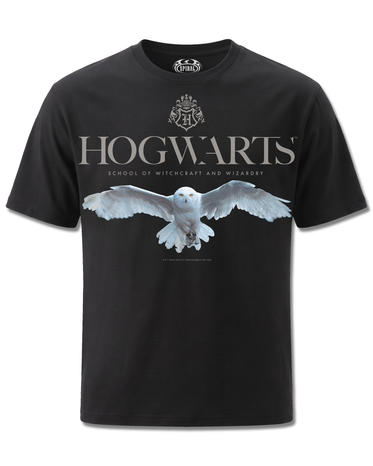 Harry Potter Hedwig Hogwarts Logo (Harry Potter) design, front view on Black M121, Rock Off Retail official merch