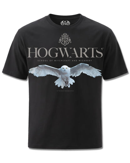Harry Potter Hedwig Hogwarts Logo (Harry Potter) design, front view on Black M121, Rock Off Retail official merch