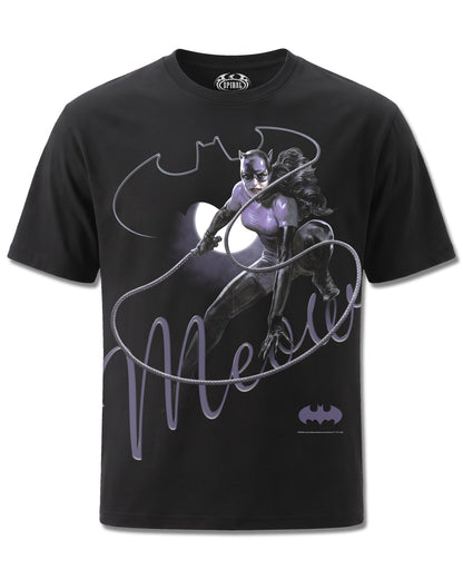 DC Comics Catwoman Meow (Batman) design, front view on Black M121, Rock Off Retail official merch