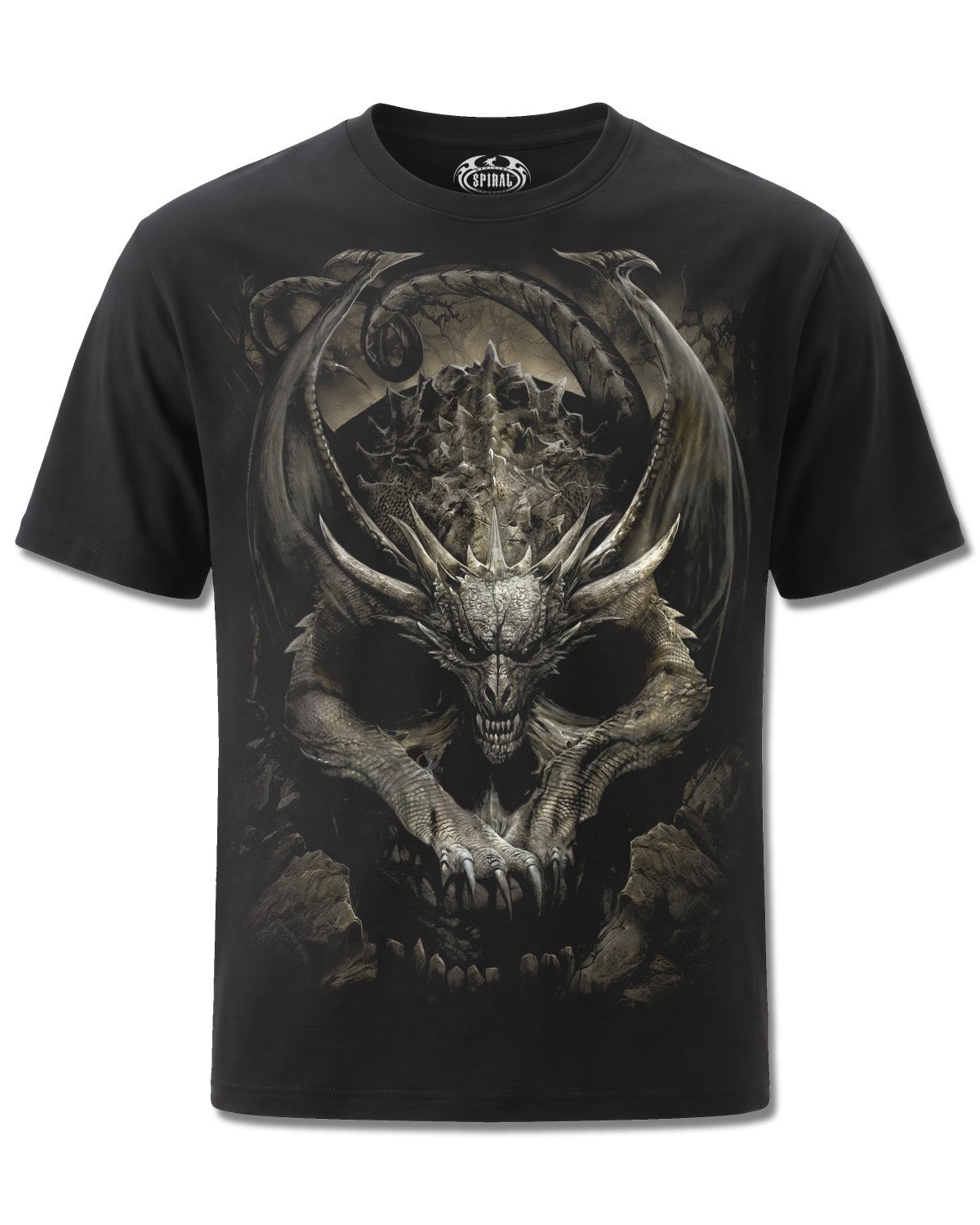 Spiral Draco Skull design, front view on Black M121, Rock Off Retail official merch