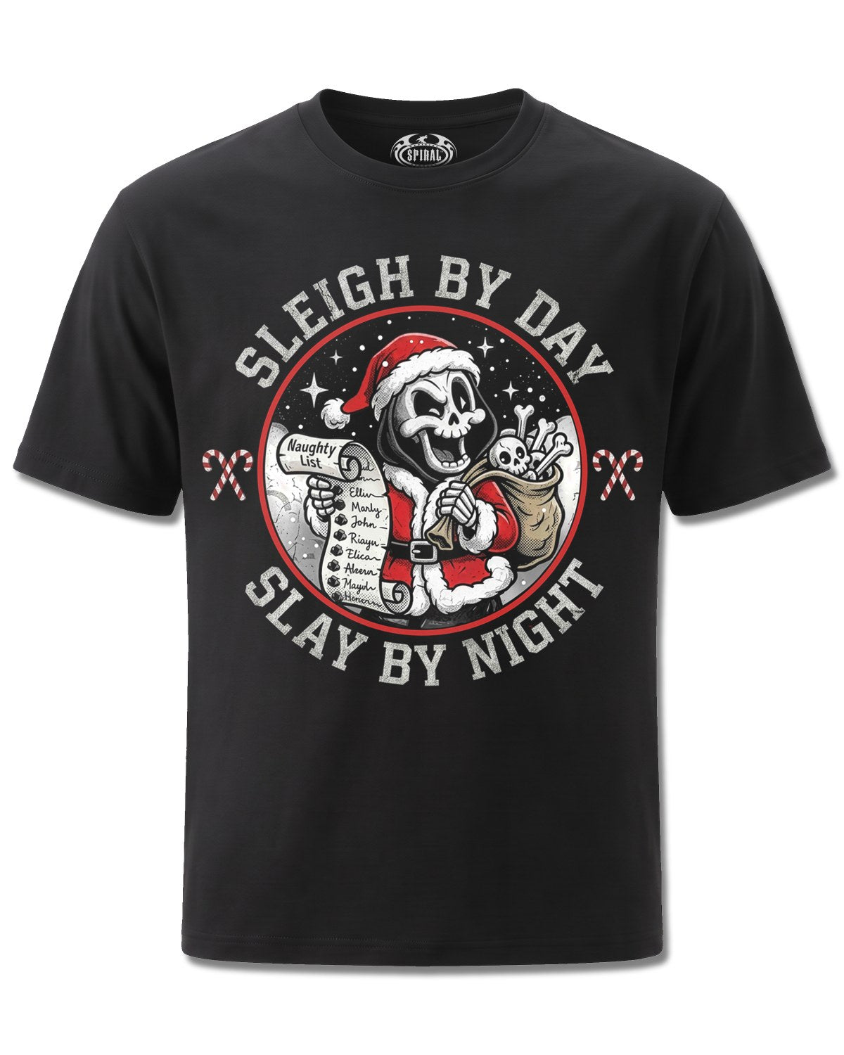 Spiral Slay By Night design, front view on Black M121, Rock Off Retail official merch
