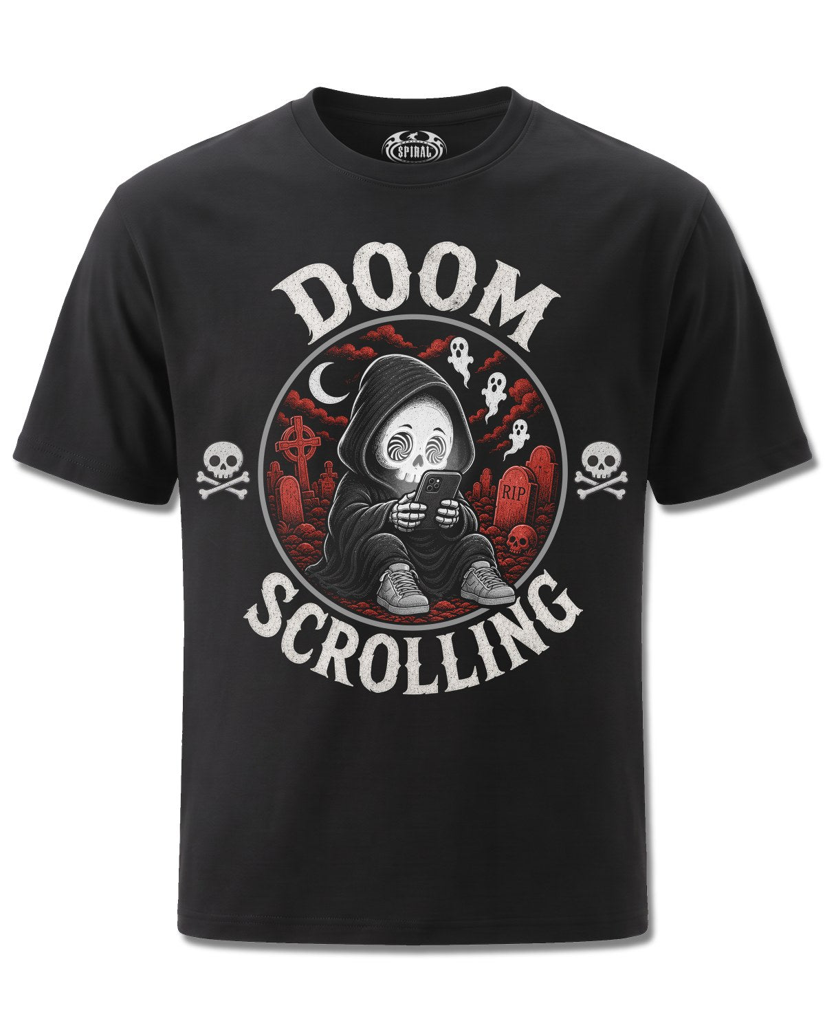 Spiral Doom Scrolling design, front view on Black M121, Rock Off Retail official merch