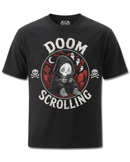 Spiral Doom Scrolling design, front view on Black M121, Rock Off Retail official merch