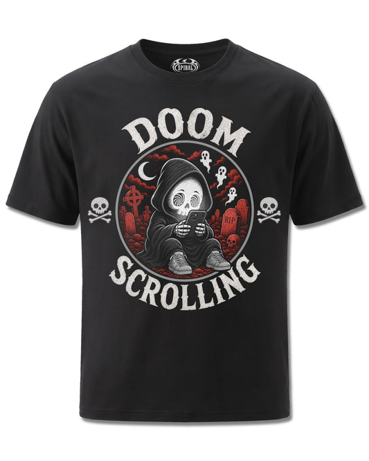 Spiral Doom Scrolling design, front view on Black M121, Rock Off Retail official merch