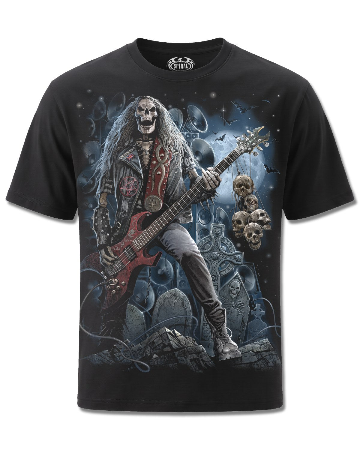 Spiral Grim Rocker design, front view on Black M121, Rock Off Retail official merch