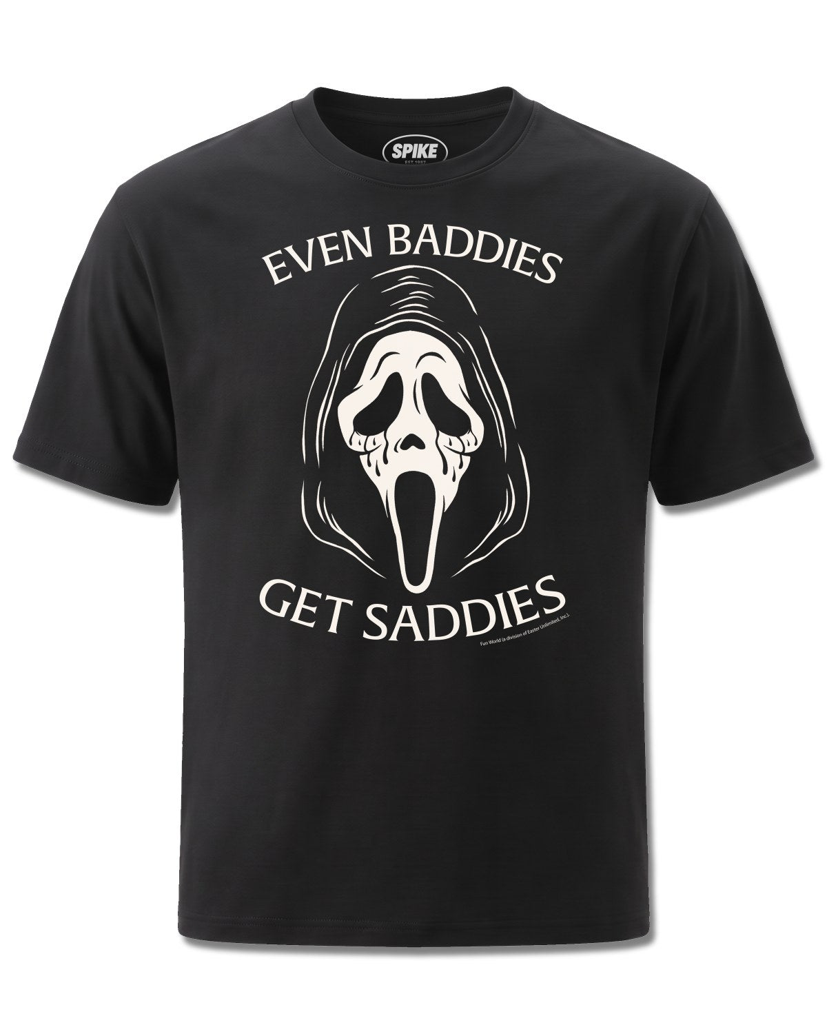 Ghost Face Even Baddies Get Saddies (Ghost Face) design, front view on Black M121, Rock Off Retail official merch