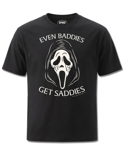 Ghost Face Even Baddies Get Saddies (Ghost Face) design, front view on Black M121, Rock Off Retail official merch