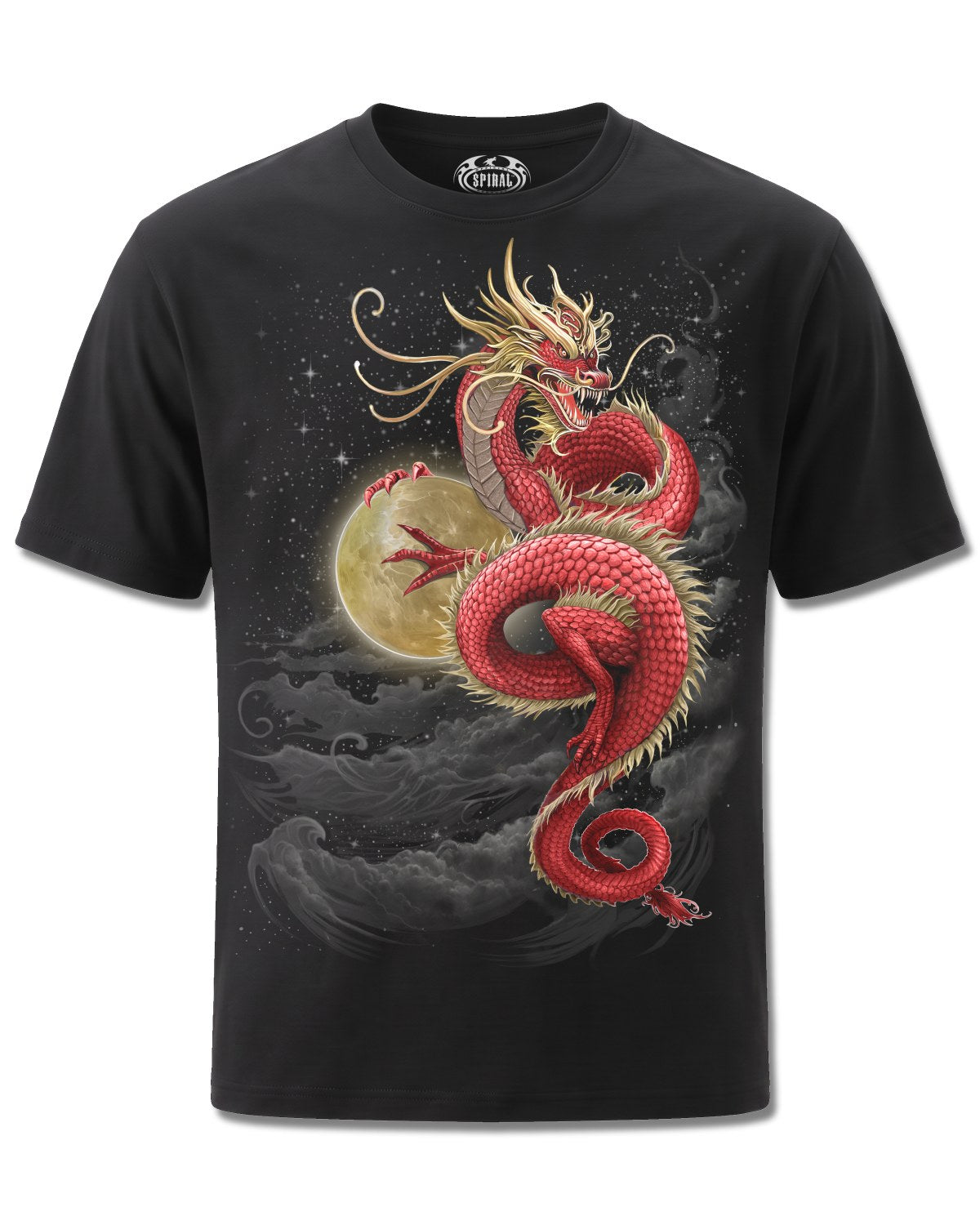 Spiral Shenlong design, front view on Black M121, Rock Off Retail official merch
