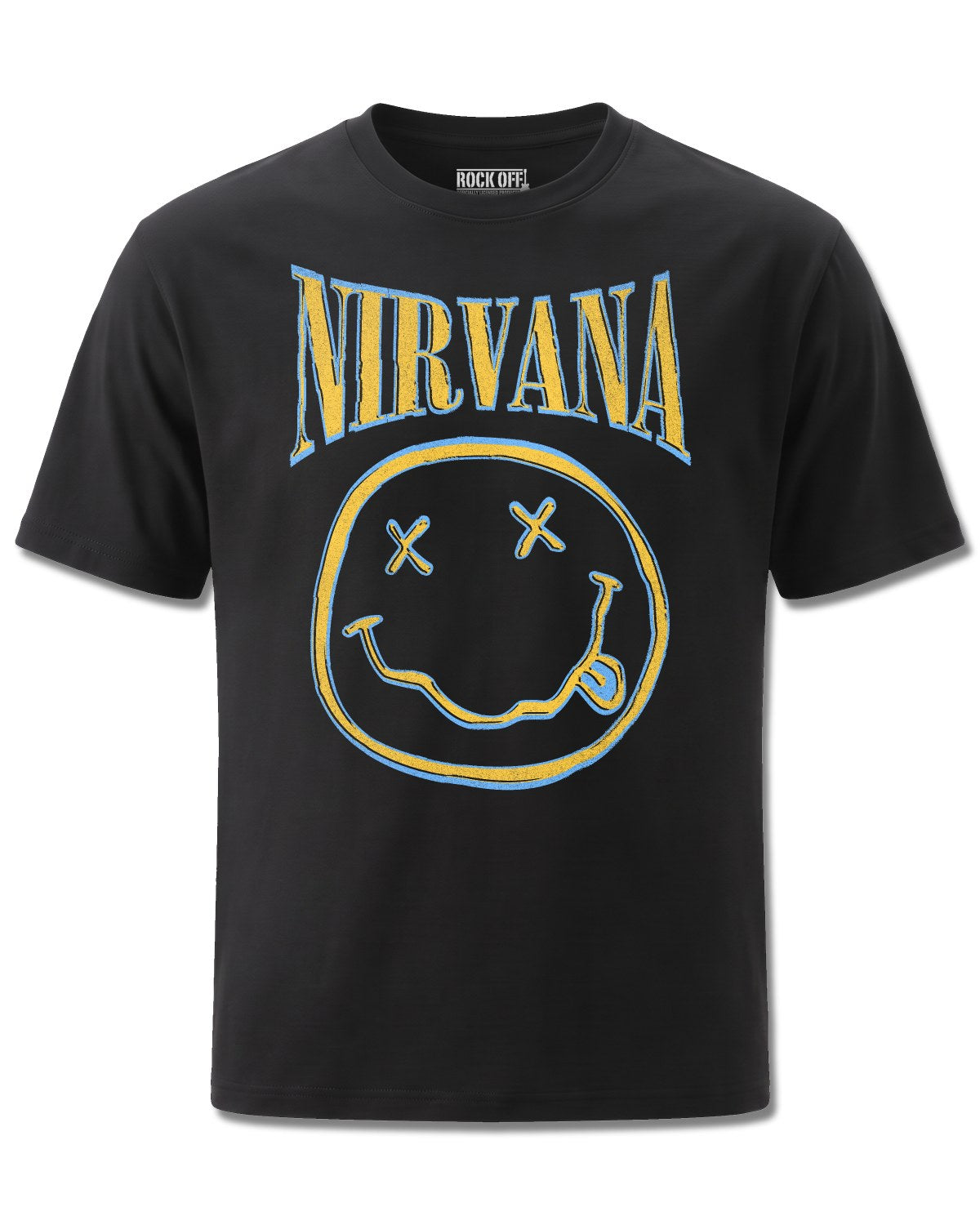 Nirvana Yellow Happy Face (Nirvana) design, front view on Black M121, Rock Off Retail official merch