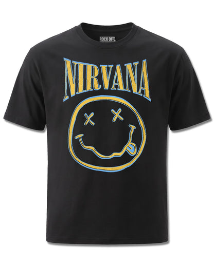 Nirvana Yellow Happy Face (Nirvana) design, front view on Black M121, Rock Off Retail official merch