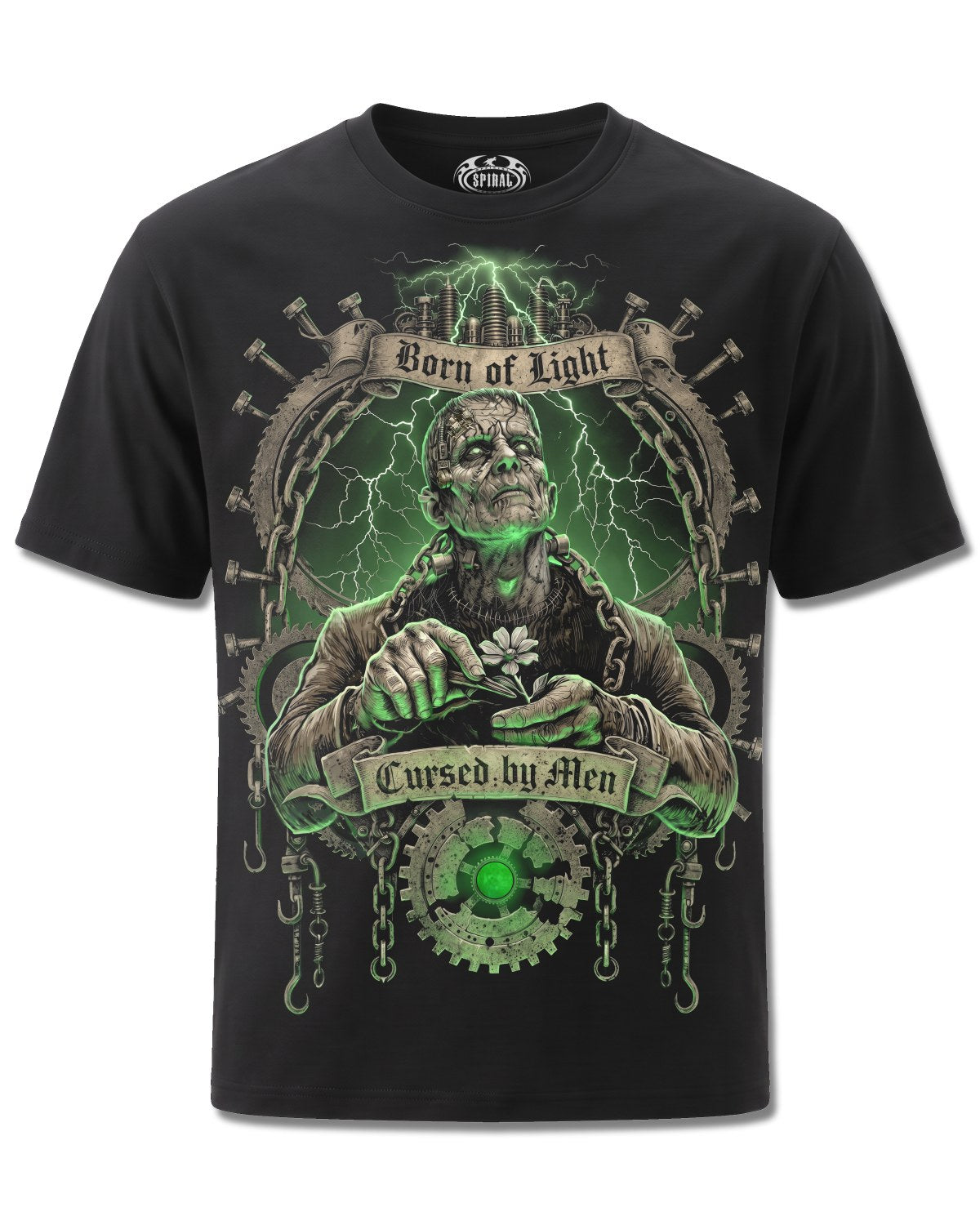 Spiral Cursed By Men design, front view on Black M121, Rock Off Retail official merch