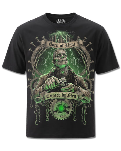 Spiral Cursed By Men design, front view on Black M121, Rock Off Retail official merch