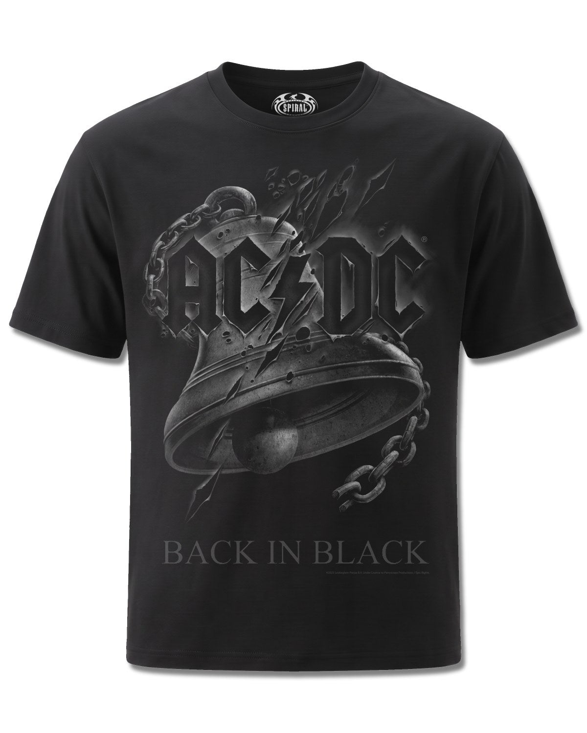 AC/DC Back In Black Torn (AC/DC) design, front view on Black M121, Rock Off Retail official merch