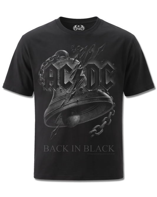 AC/DC Back In Black Torn (AC/DC) design, front view on Black M121, Rock Off Retail official merch