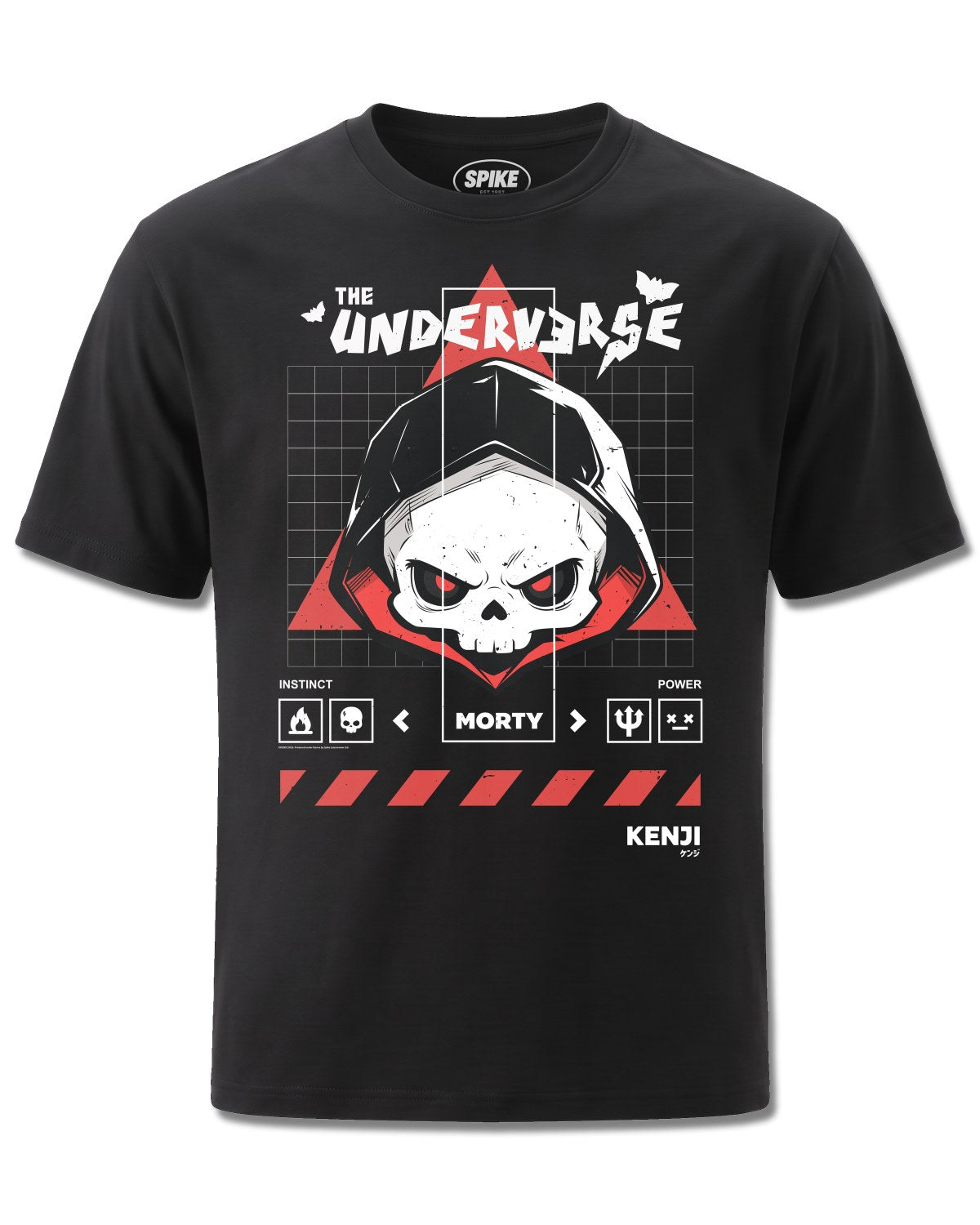Kenji Morty (Kenji) design, front view on Black M121, Rock Off Retail official merch