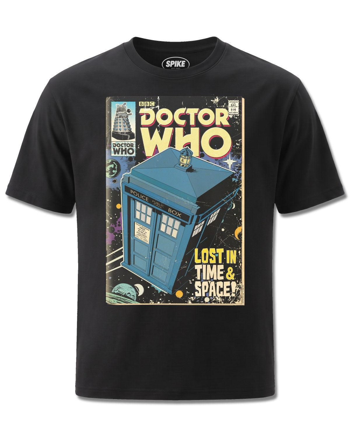 Dr Who Tardis In Space And Time (Dr Who) design, front view on Black M121, Rock Off Retail official merch