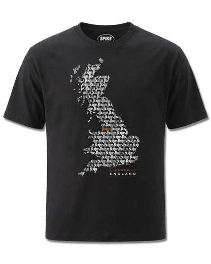Beatles Map (The Beatles) design, front view on Black M121, Rock Off Retail official merch