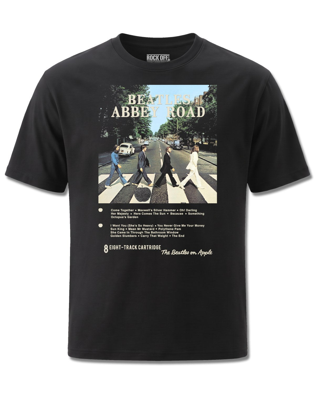 The Beatles Abbey Road 8 Track (The Beatles) design, front view on Black M121, Rock Off Retail official merch