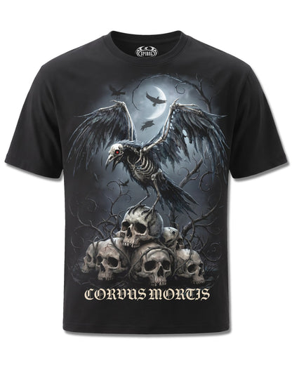 Spiral Corvus Mortis design, front view on Black M121, Rock Off Retail official merch
