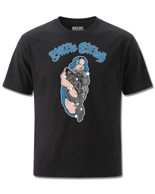 Billie Eilish Bling Glitter Print (Billie Eilish) design, front view on Black M121, Rock Off Retail official merch