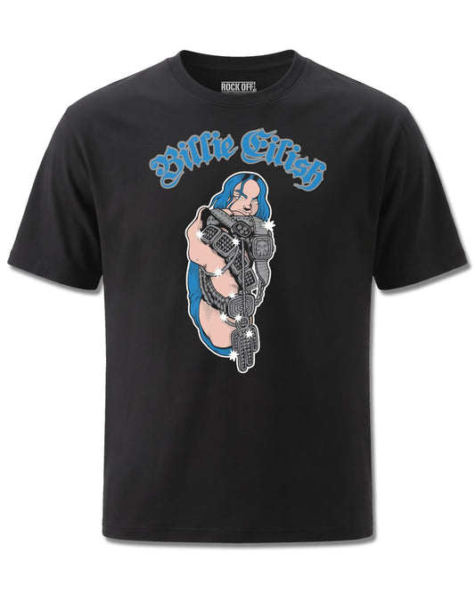 Billie Eilish Bling Glitter Print (Billie Eilish) design, front view on Black M121, Rock Off Retail official merch