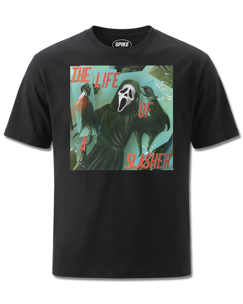 Ghost Face The Life Of A Slasher (Ghost Face) design, front view on Black M121, Rock Off Retail official merch