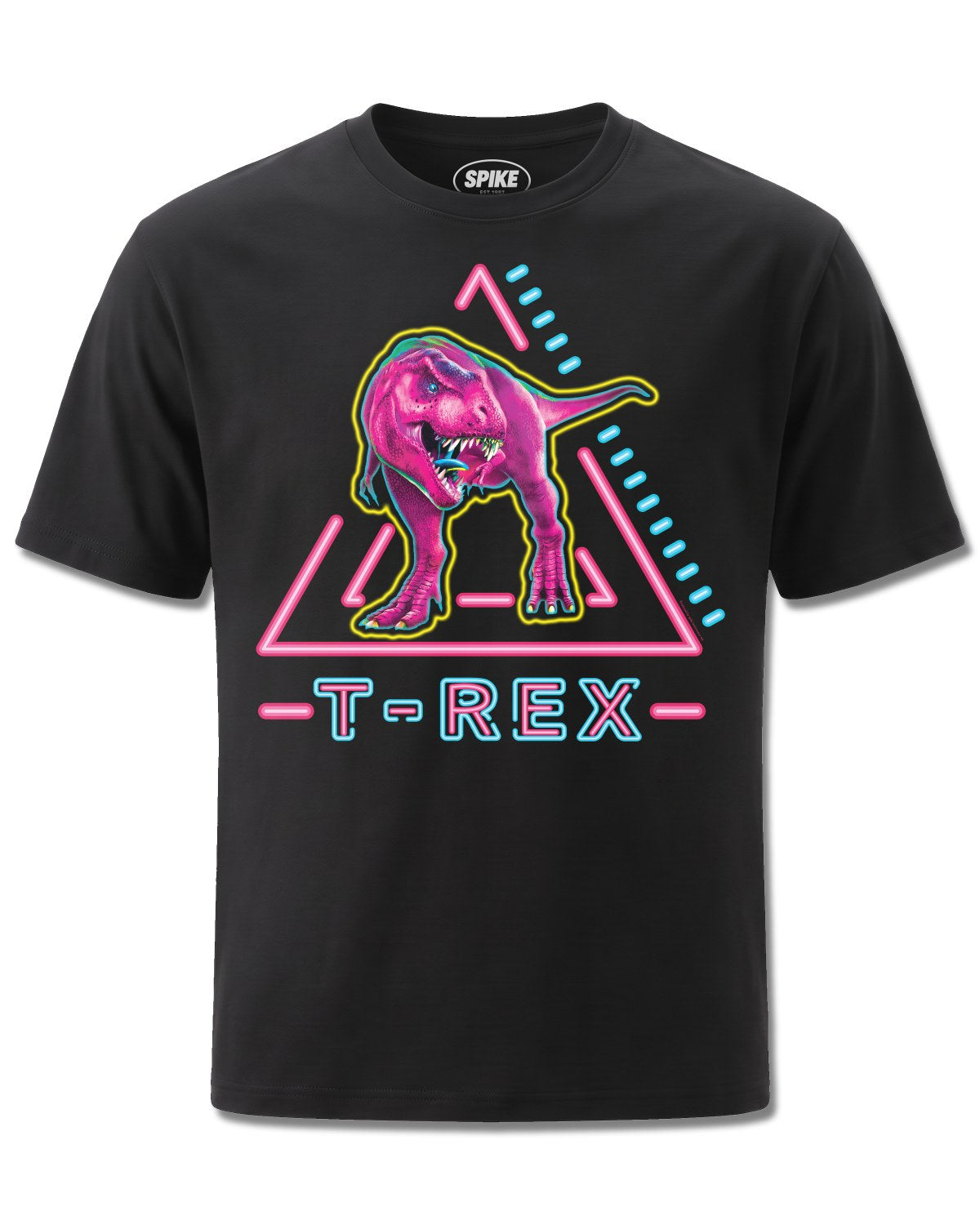Pd Moreno Neon T-rex (PD Moreno) design, front view on Black M121, Rock Off Retail official merch