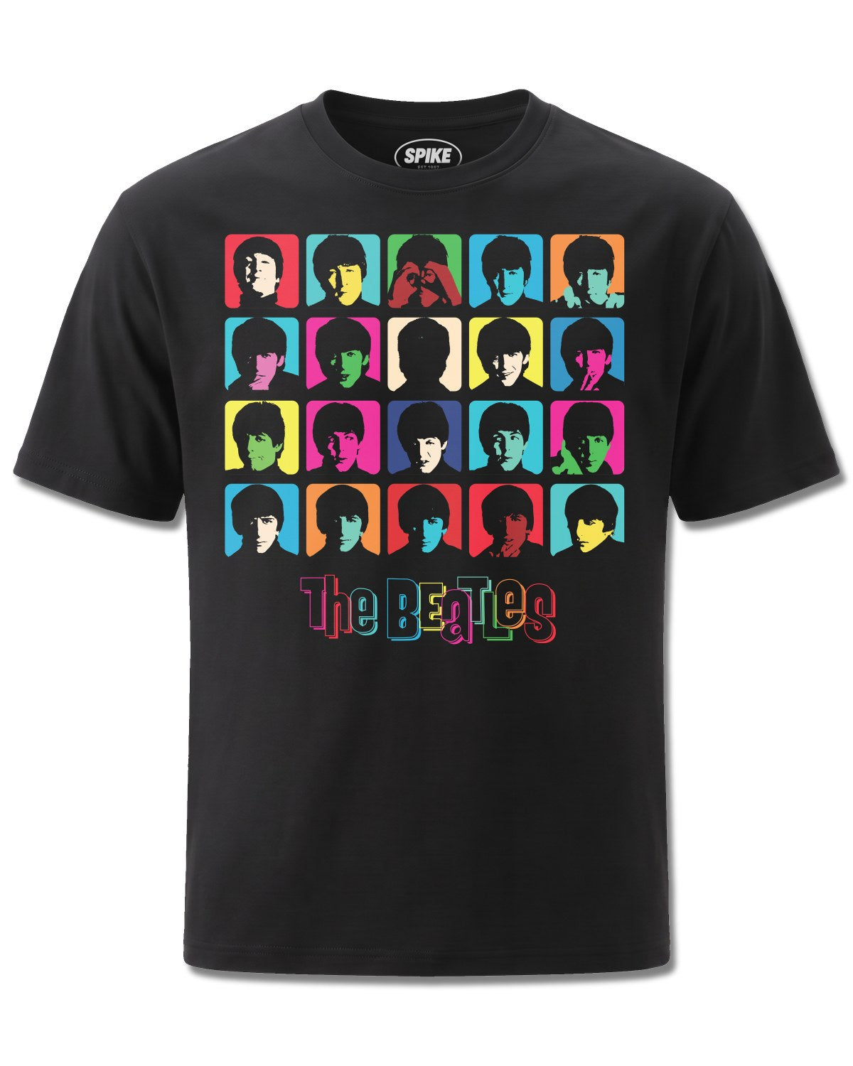 Beatles Hard Day's Night Multi Colour (The Beatles) design, front view on Black M121, Rock Off Retail official merch