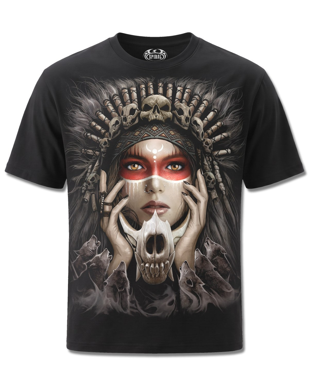 Spiral Cry Of The Wolf design, front view on Black M121, Rock Off Retail official merch